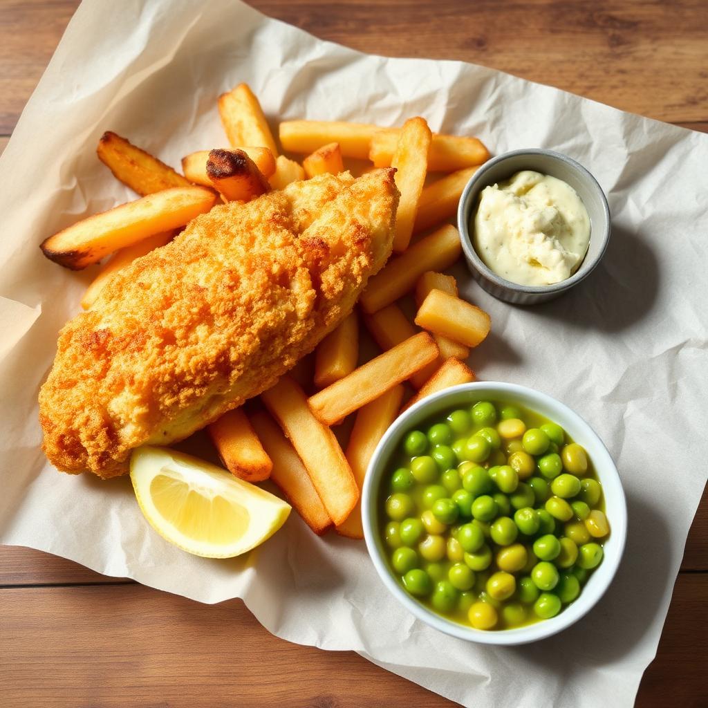 Oven fish & chips with mushy peas (chip-shop at home)