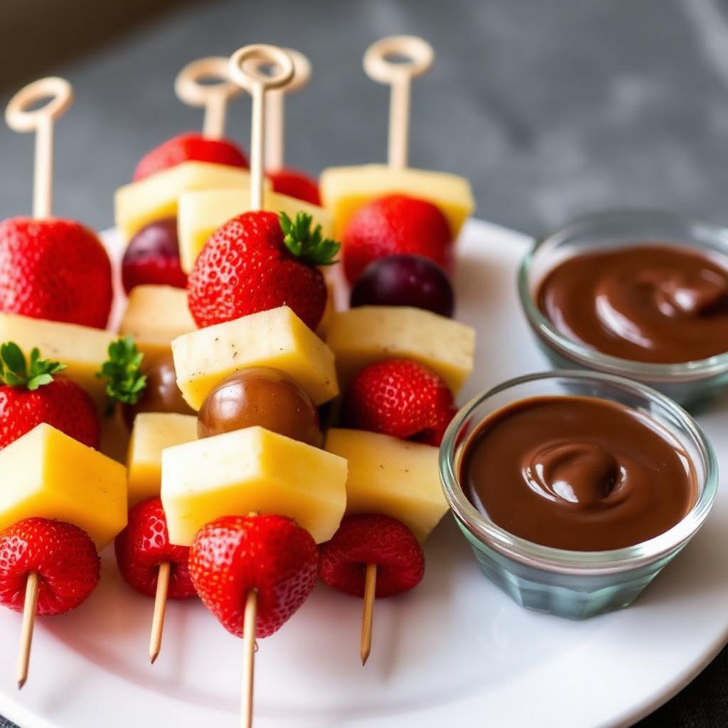 Rainbow fruit kebabs with choc dip